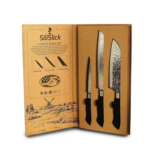 Embossed Hammered Blades 3 Piece Knife Set - GIFT SET BUNDLE