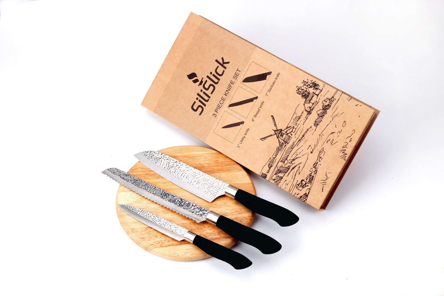 Embossed Hammered Blades 3 Piece Knife Set - GIFT SET BUNDLE